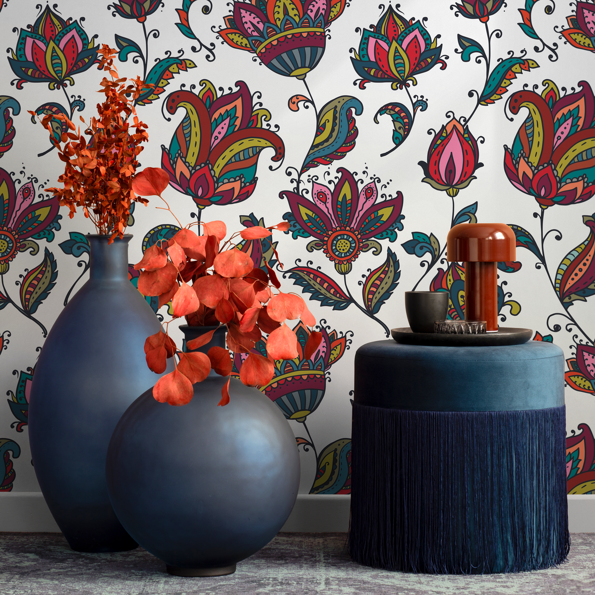 Floral Wallpaper with Ornamental Blooms in Red, Teal, and Pink - detail view