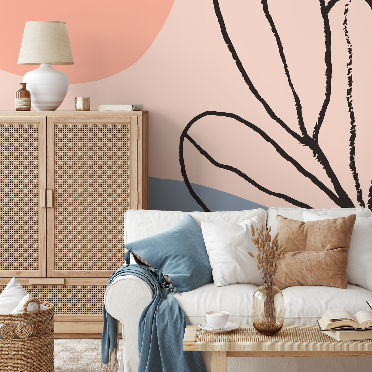 Abstract Wallpaper with Botanical Line Art in Coral, Black, and Blue - detail view