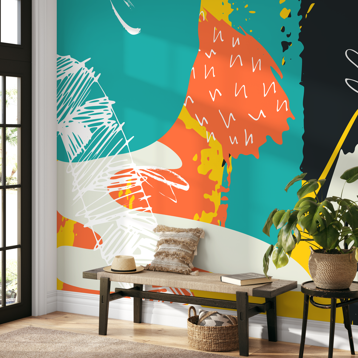 Abstract Wallpaper with Bold Shapes in Teal, Orange, and Black - detail view