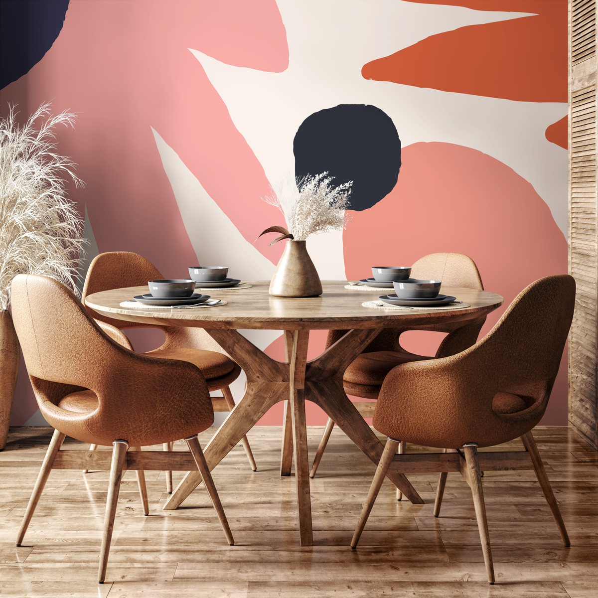 Abstract Wallpaper with Bold Organic Shapes in Pink, Orange, and Dark Blue - detail view