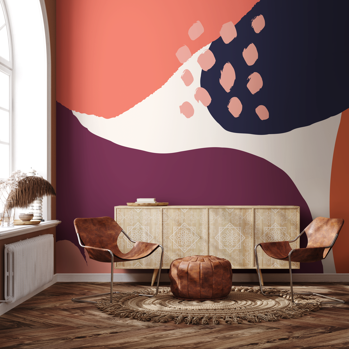 Abstract Wallpaper with Bold Organic Shapes in Blue, Orange, and Purple - detail view