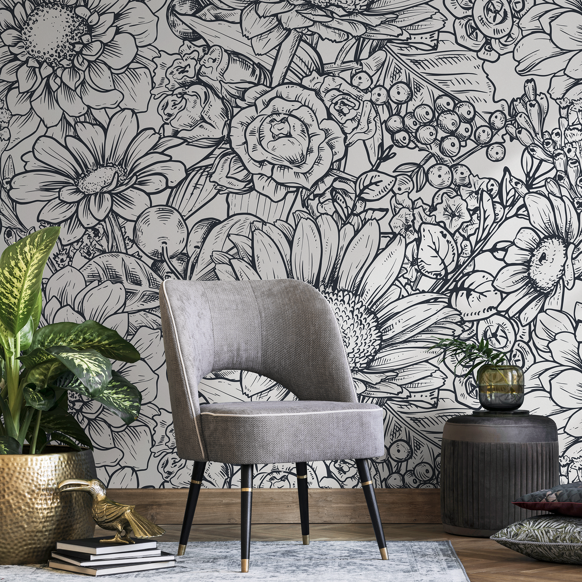Floral Wallpaper Featuring a Hand-Drawn Botanical Illustration in Black and White - detail view