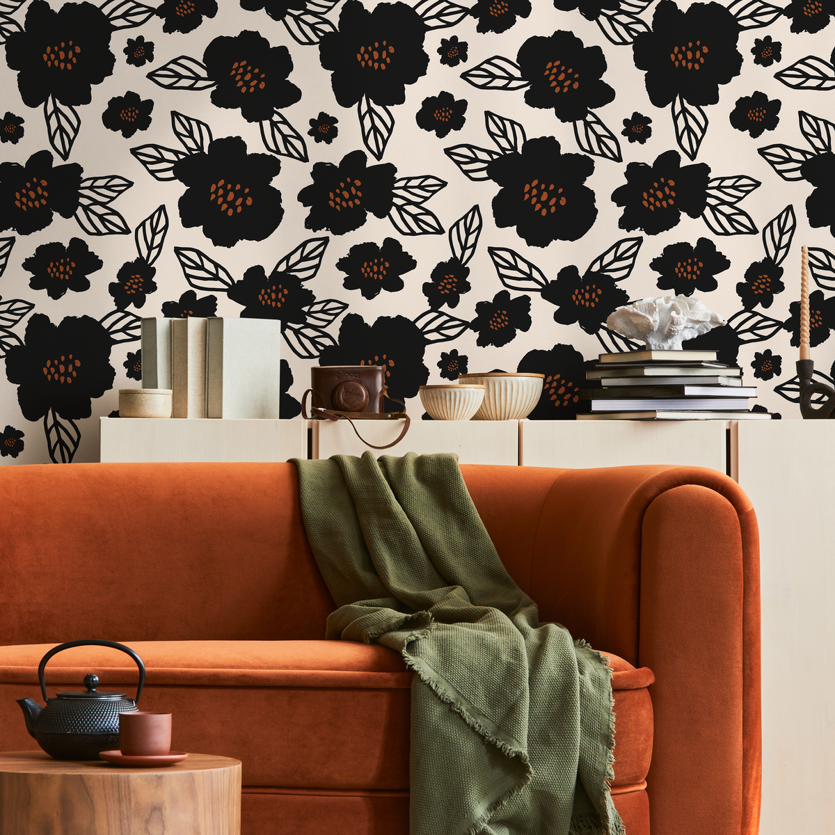 Floral Wallpaper with Bold Stylized Blossoms in Black and Brown - detail view