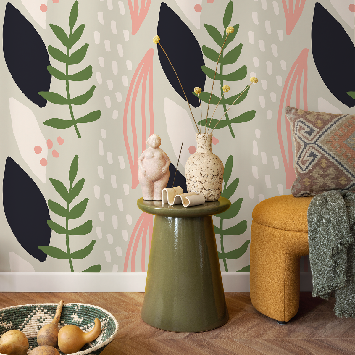 Abstract Wallpaper with Stylized Leaves in Green, Pink, and Black - detail view