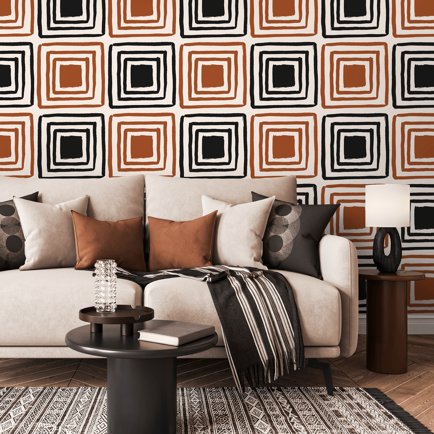 Geometric Wallpaper with Hand-Drawn Squares in Black and Terracotta - B464