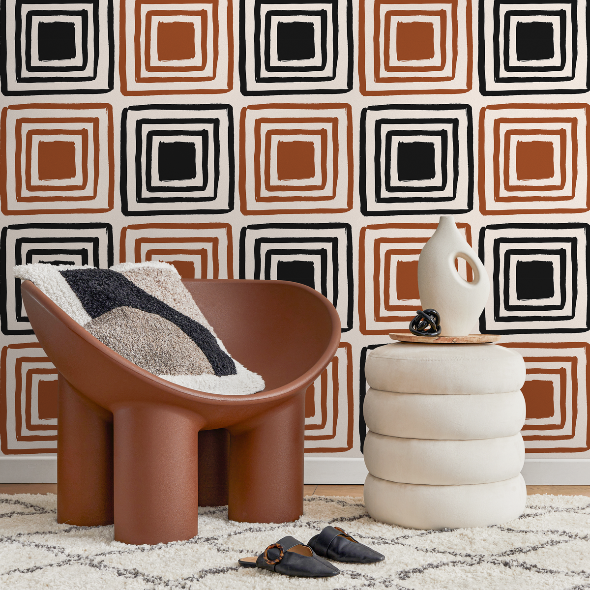 Geometric Wallpaper with Hand-Drawn Squares in Black and Terracotta - detail view