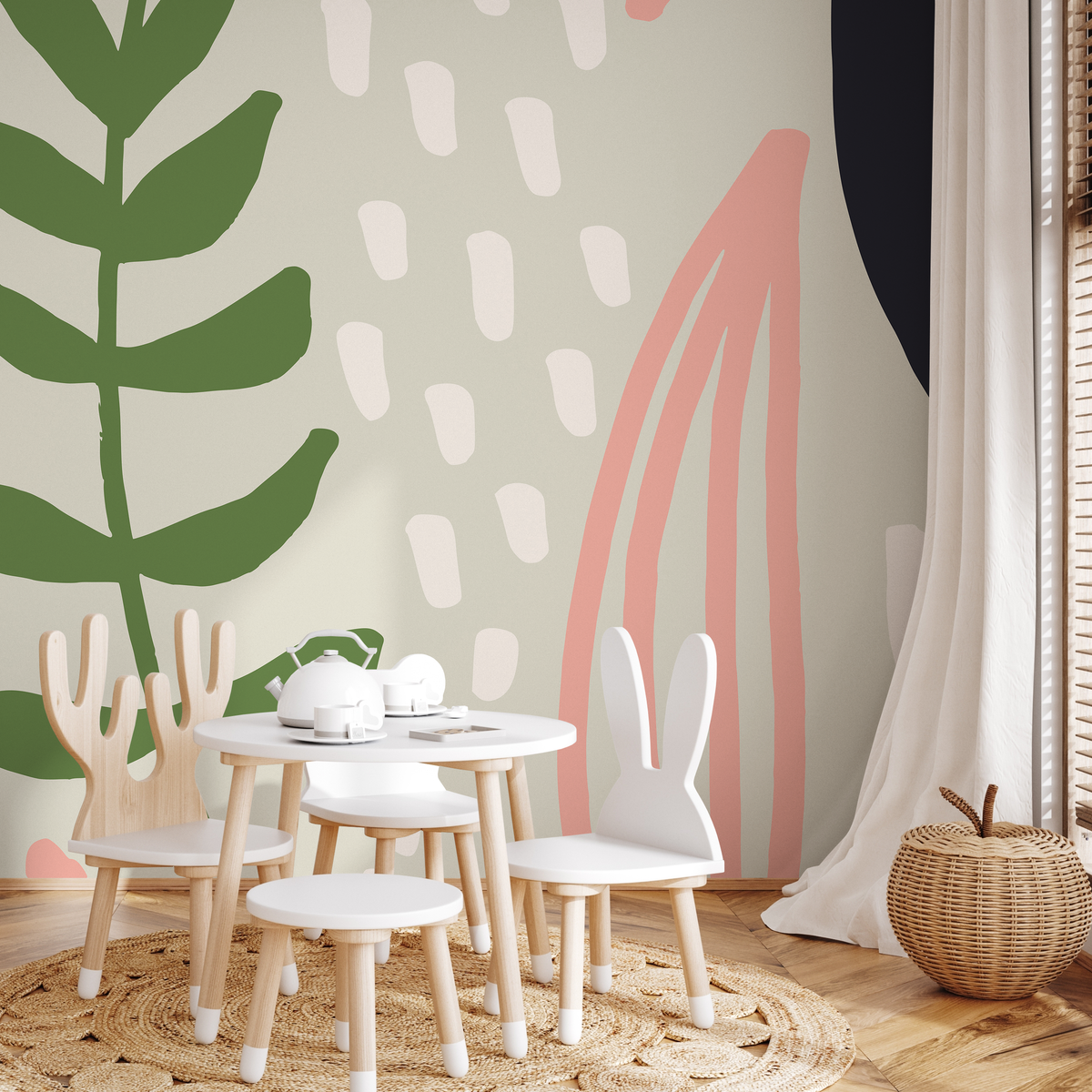 Abstract Wallpaper with Botanical Shapes in Green, Pink, and Navy - detail view