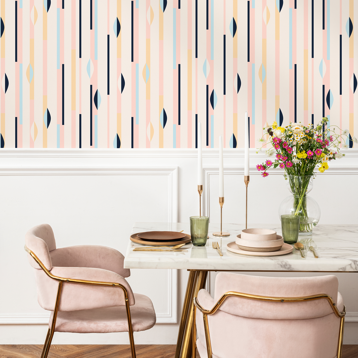 Geometric Wallpaper with Modern Stripes in Pink, Blue, and Yellow - detail view
