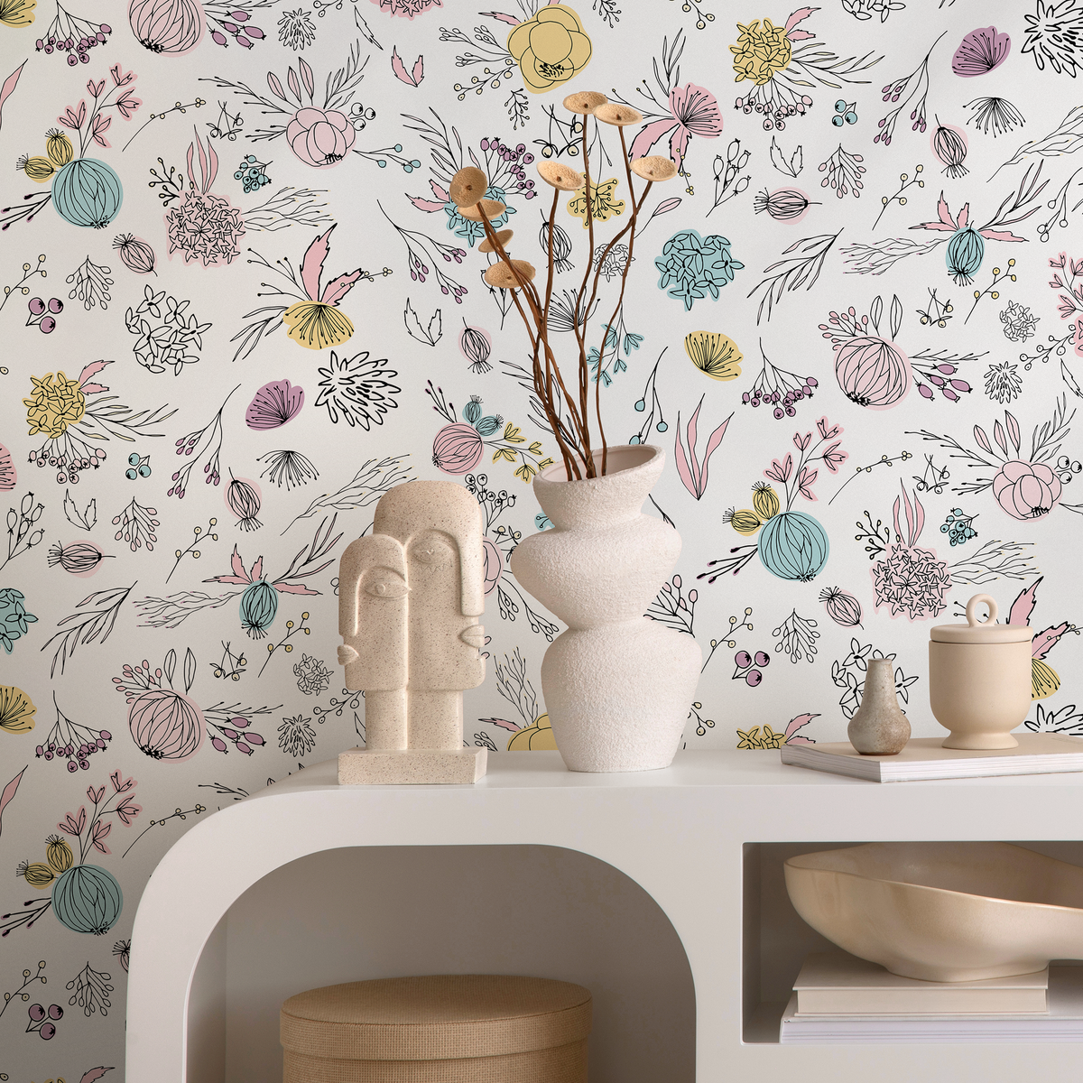 Floral Wallpaper with Hand-Drawn Wildflowers in Pink, Blue, and Yellow - detail view