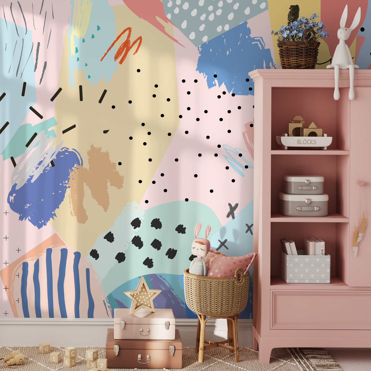 Abstract Wallpaper with a Collage of Playful Shapes in Pink, Blue, and Yellow - AS1-B482
