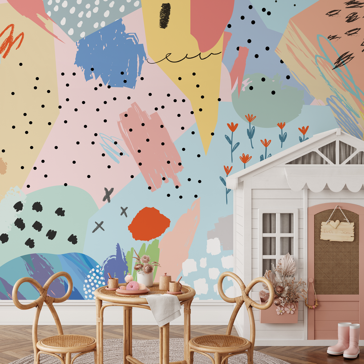 Abstract Wallpaper with a Collage of Playful Shapes in Pink, Blue, and Yellow - AS1 - detail view
