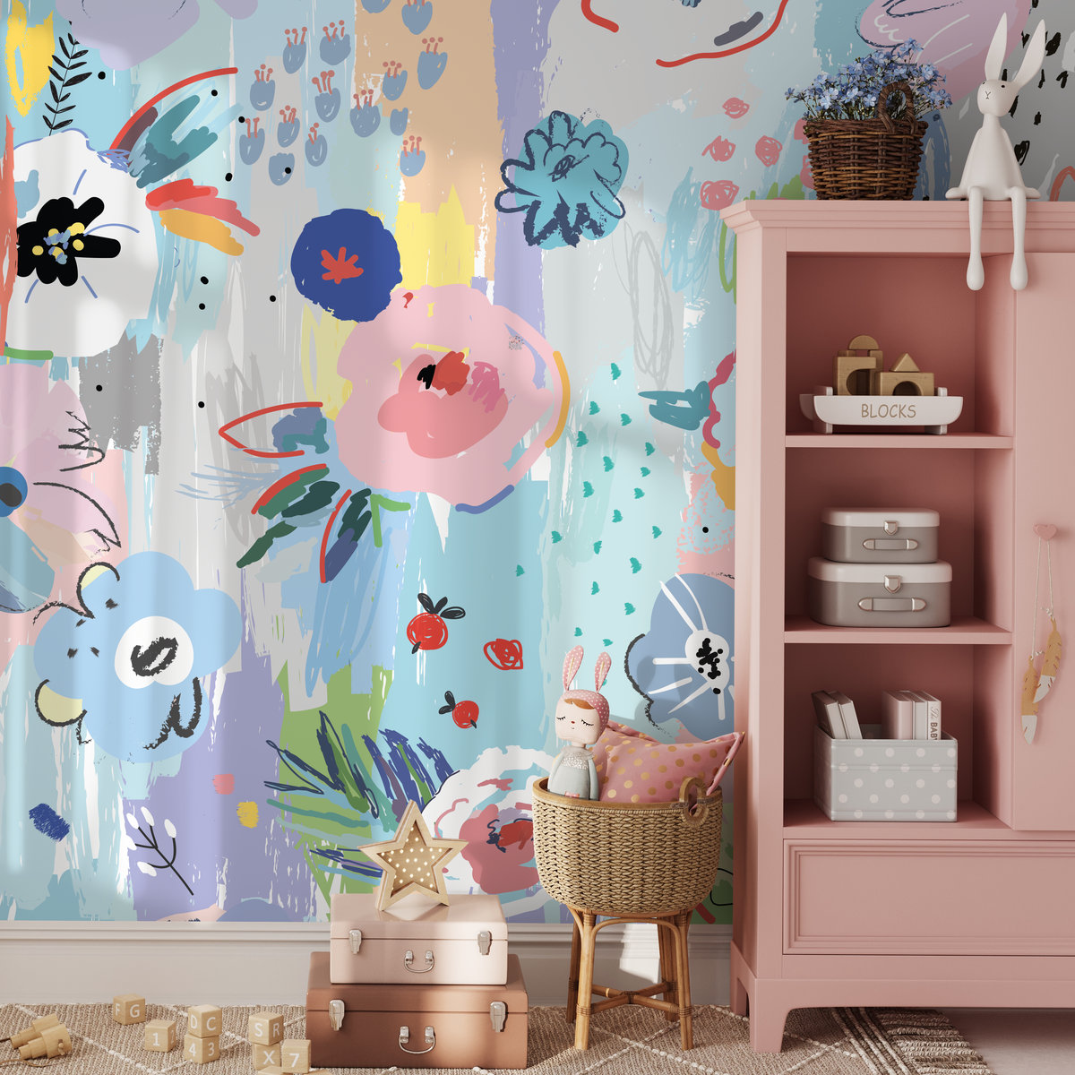 Abstract Wallpaper with Painterly Flowers in Blue, Pink, and Yellow - detail view