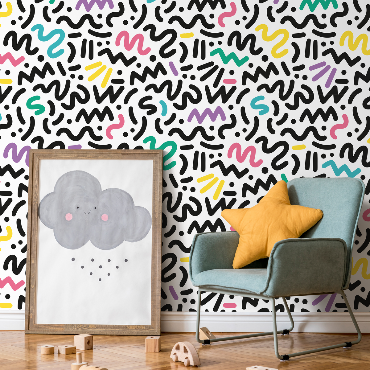 Memphis Style Wallpaper with Abstract Squiggles in Black, Yellow, and Teal - AS1 - detail view