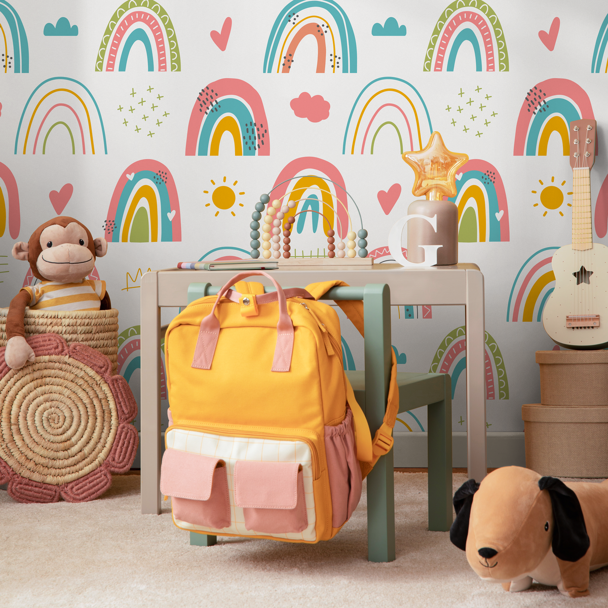 Scandinavian Wallpaper with Hand-Drawn Rainbows in Pink, Yellow, and Teal - detail view