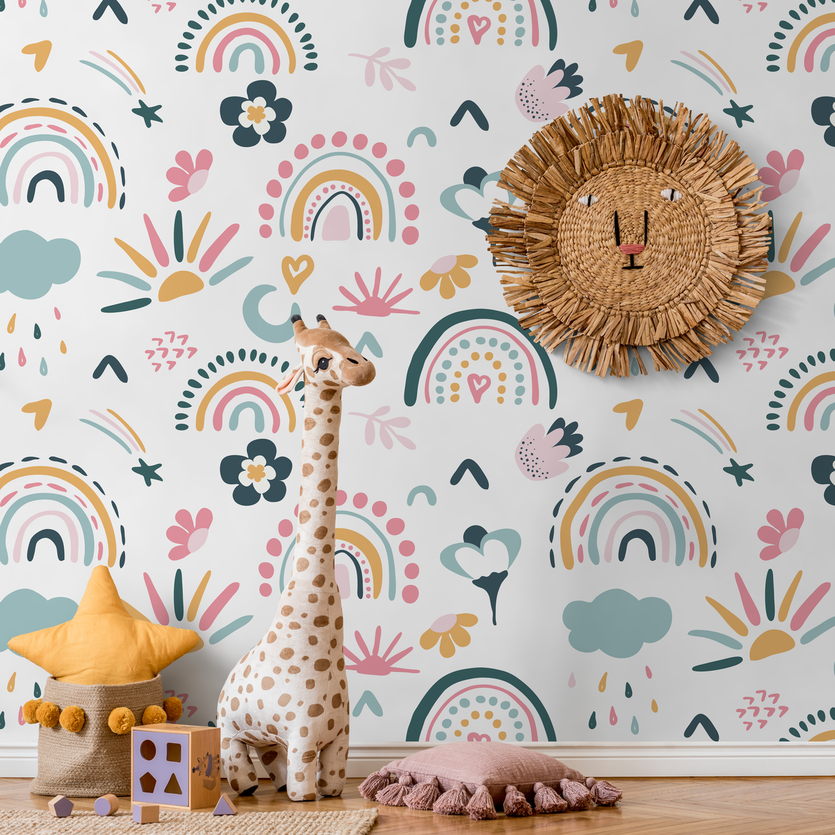 Rainbow Wallpaper with Suns and Clouds in Pink, Teal, and Yellow - detail view