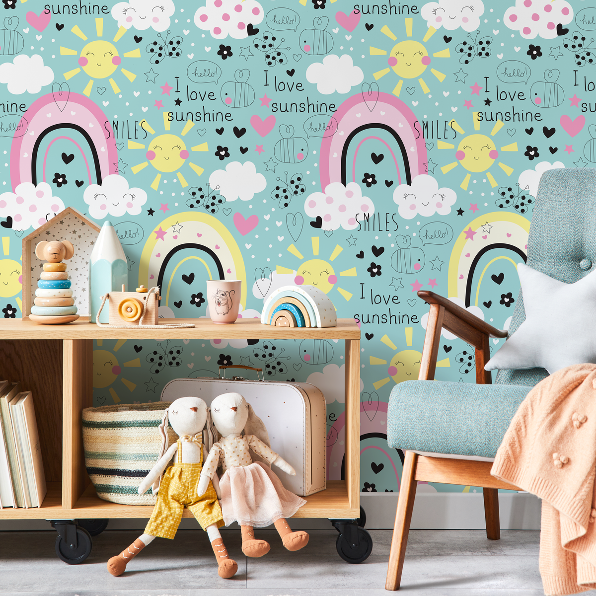 Kids Wallpaper with Cute Suns and Rainbows in Teal, Pink, and Yellow - detail view