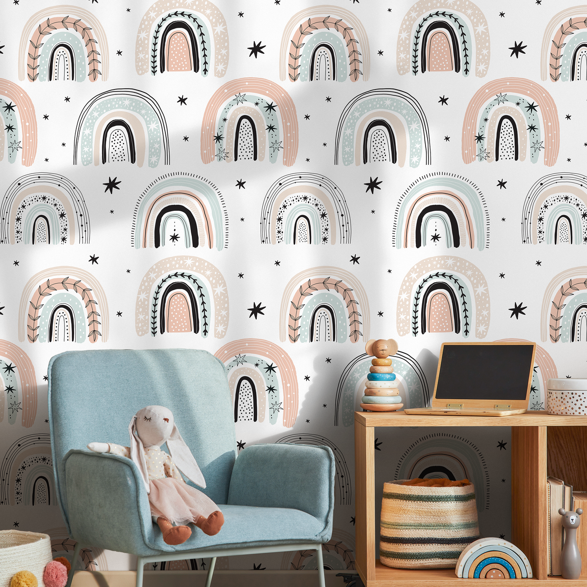 Scandinavian Wallpaper with Boho Rainbows in Pink, Mint, and Beige - detail view
