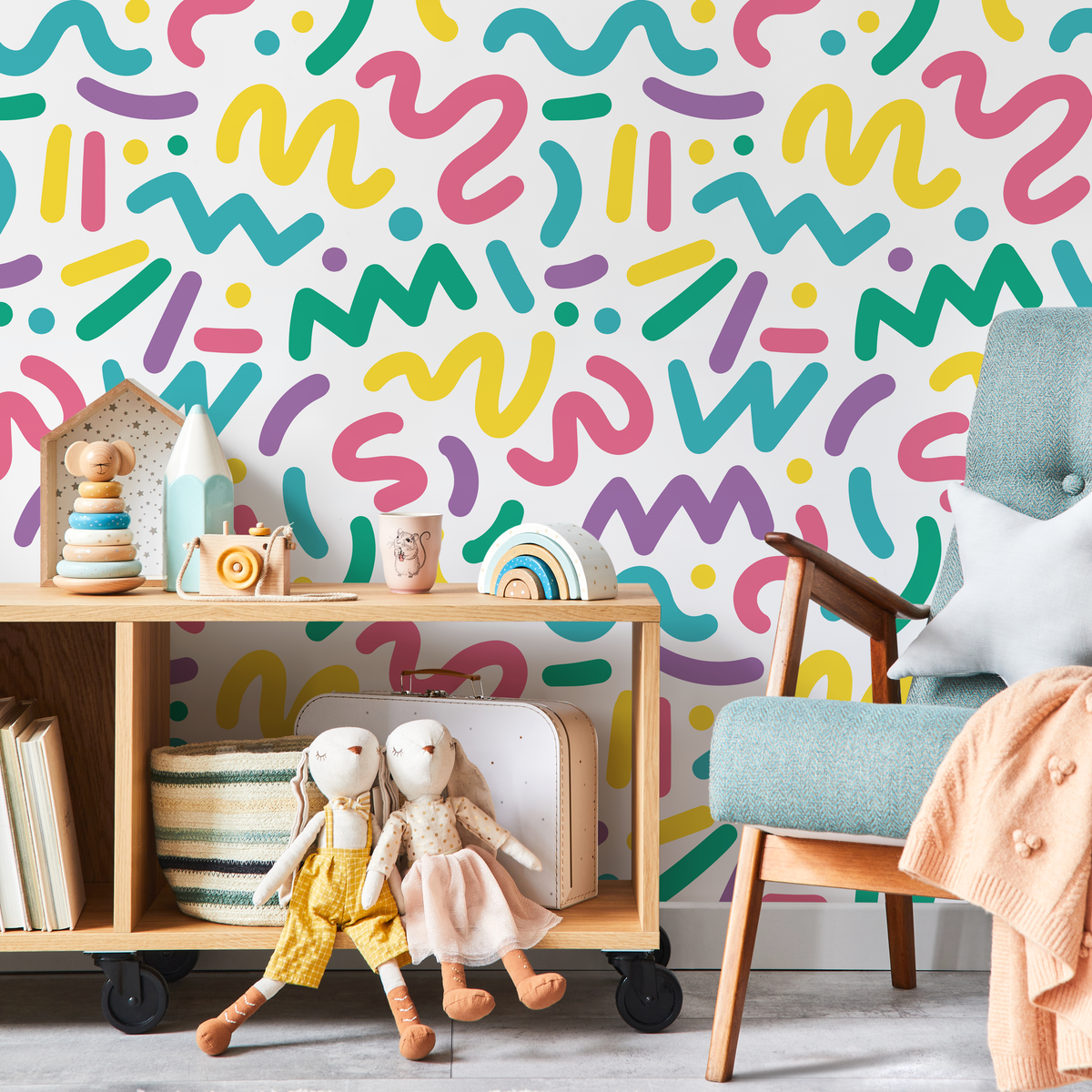 Abstract Wallpaper with Colorful Squiggles in Yellow, Pink, and Teal - AS1 - detail view