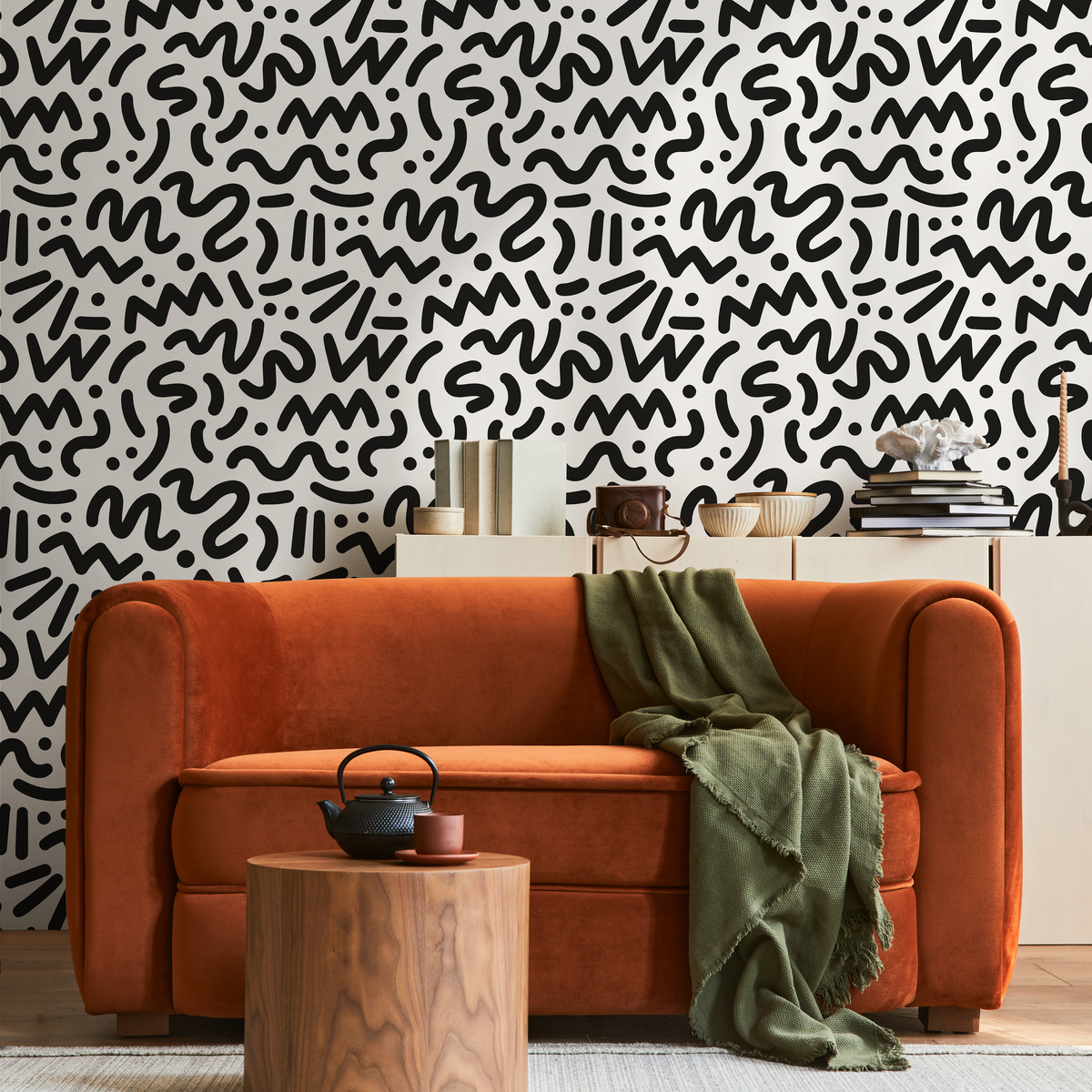 Modern Abstract Wallpaper with a Bold Doodle Pattern in Black and White - detail view