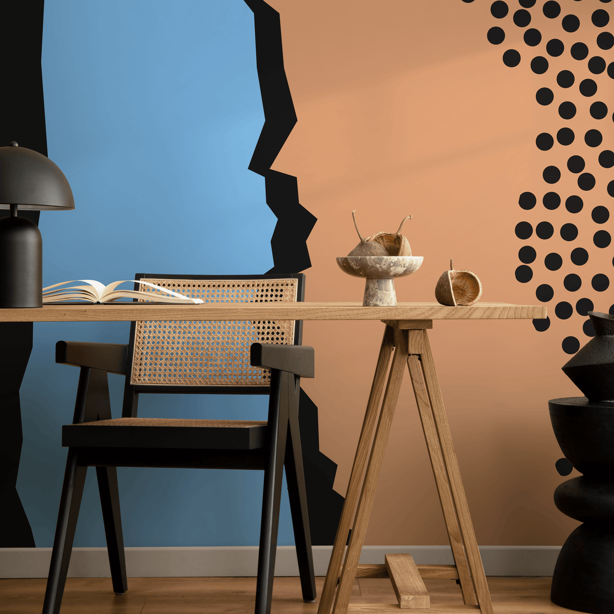 Abstract Wallpaper with Polka Dots and Jagged Shapes in Black, Blue, and Tan - detail view