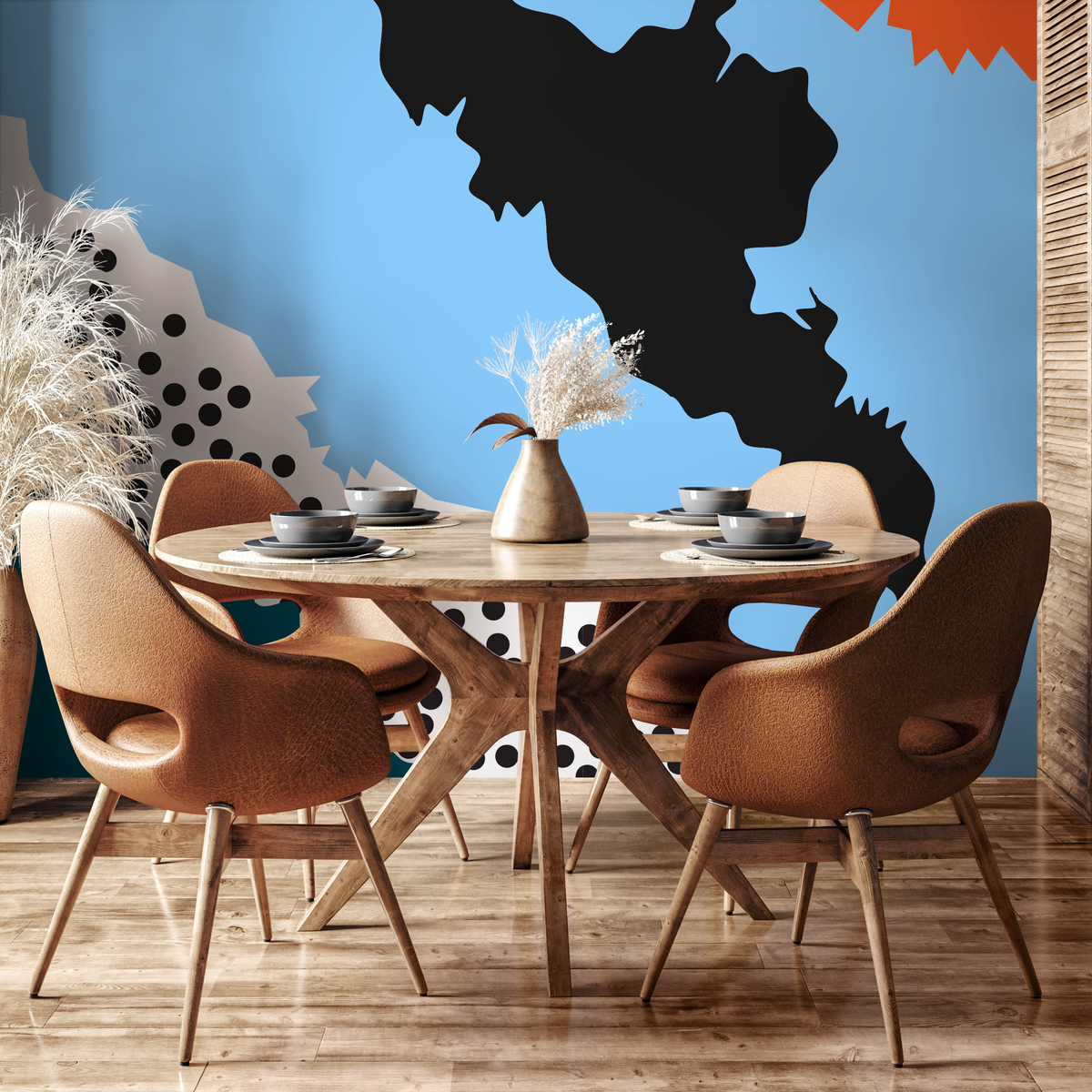 Abstract Wallpaper with Bold Cut-Out Shapes in Blue, Black, and Orange - detail view