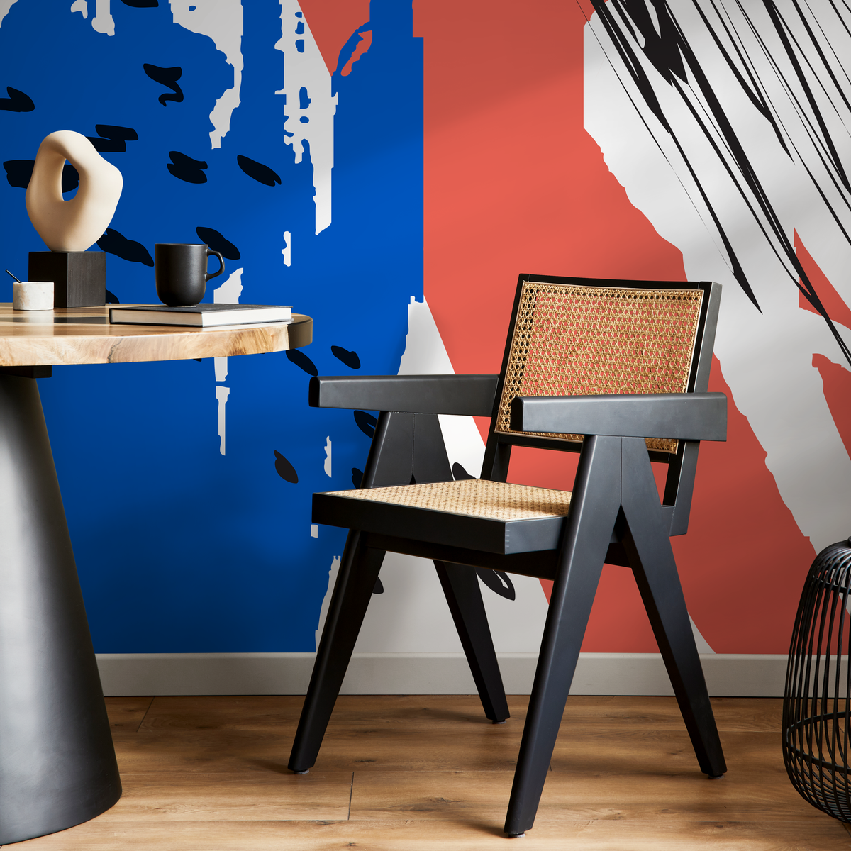 Abstract Wallpaper with Bold Brushstrokes in Red, Blue, and Black - detail view