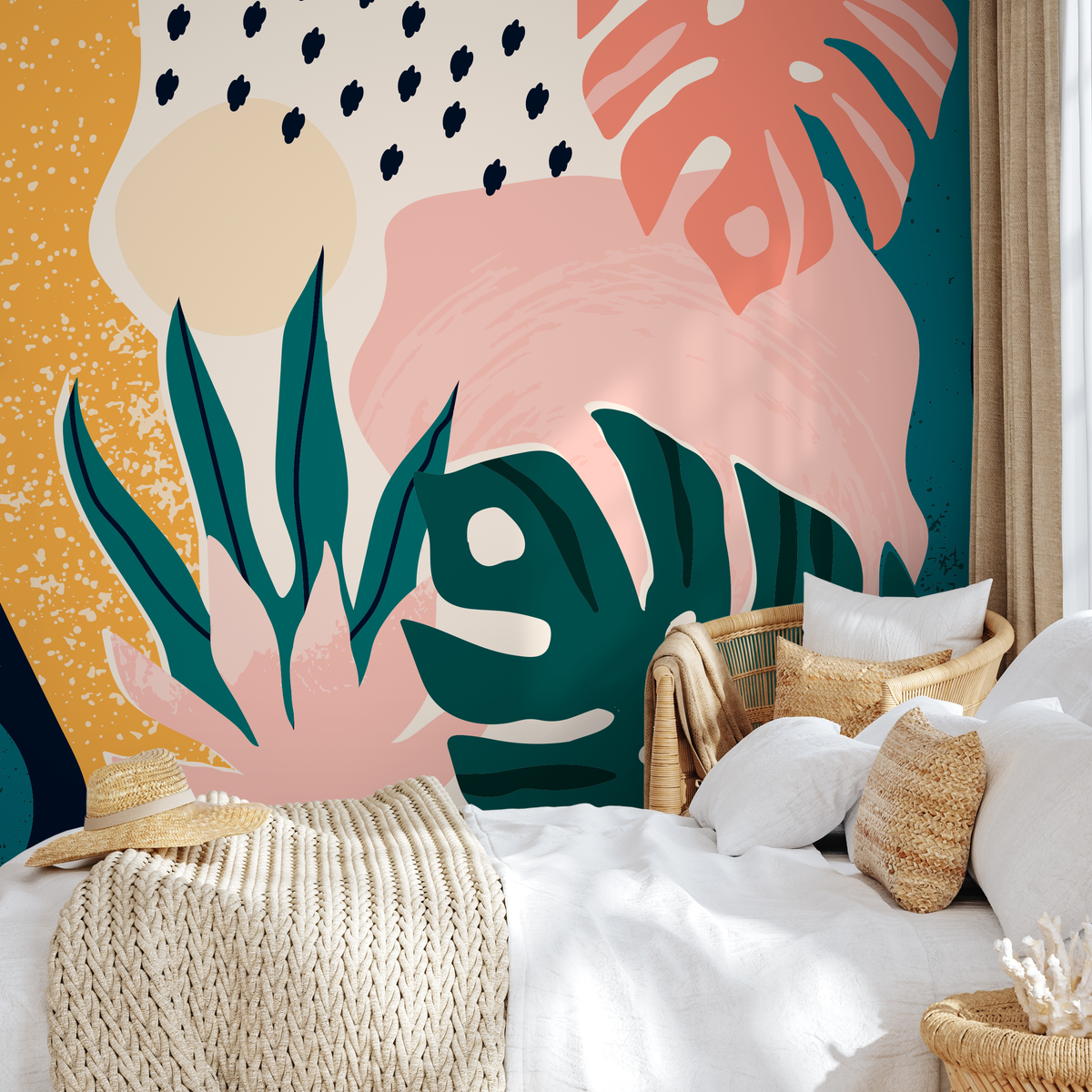 Abstract Wallpaper with Tropical Monstera Leaves in Teal, Pink, and Yellow - detail view