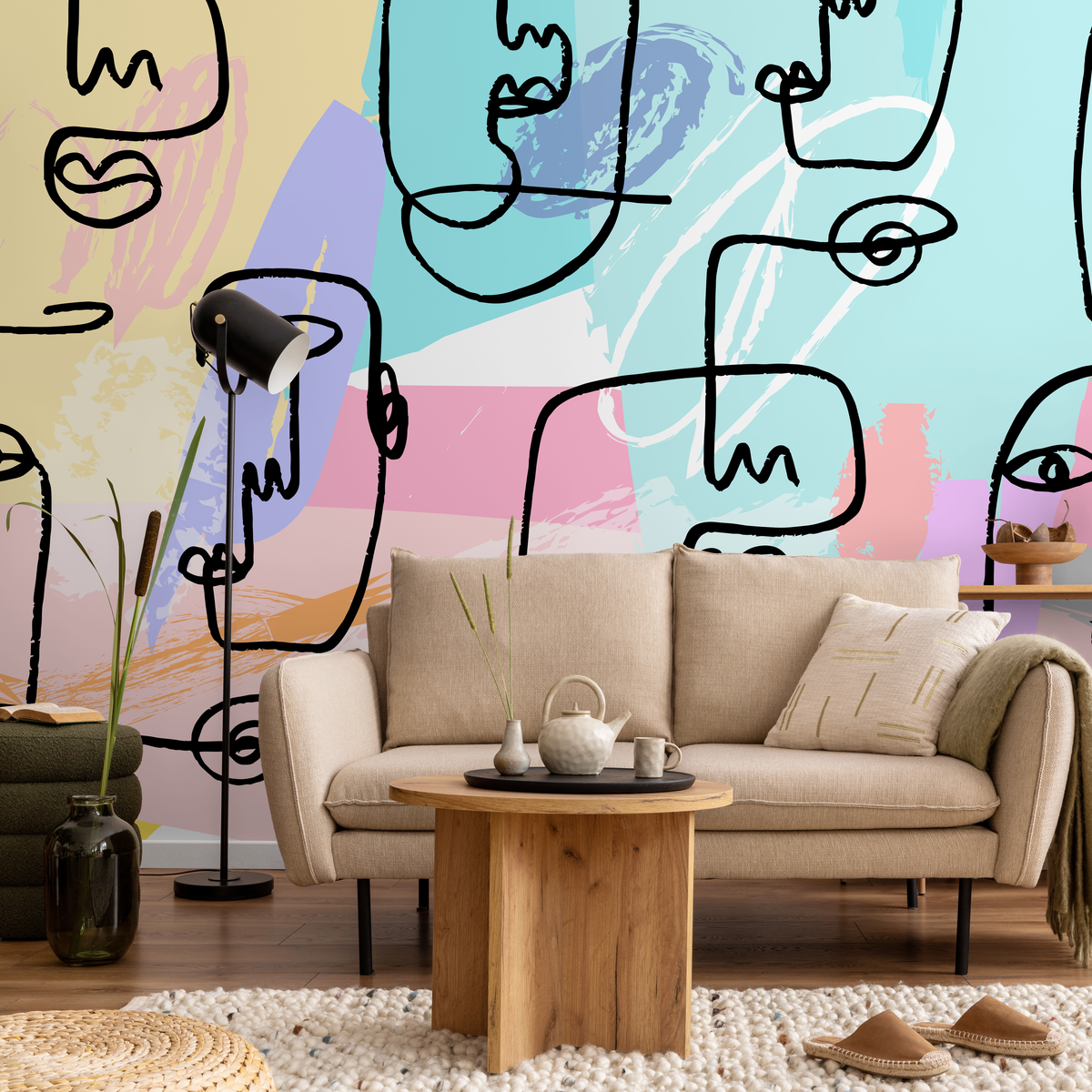 Abstract Wallpaper with Continuous Line Art Faces in Blue, Pink, and Violet - detail view