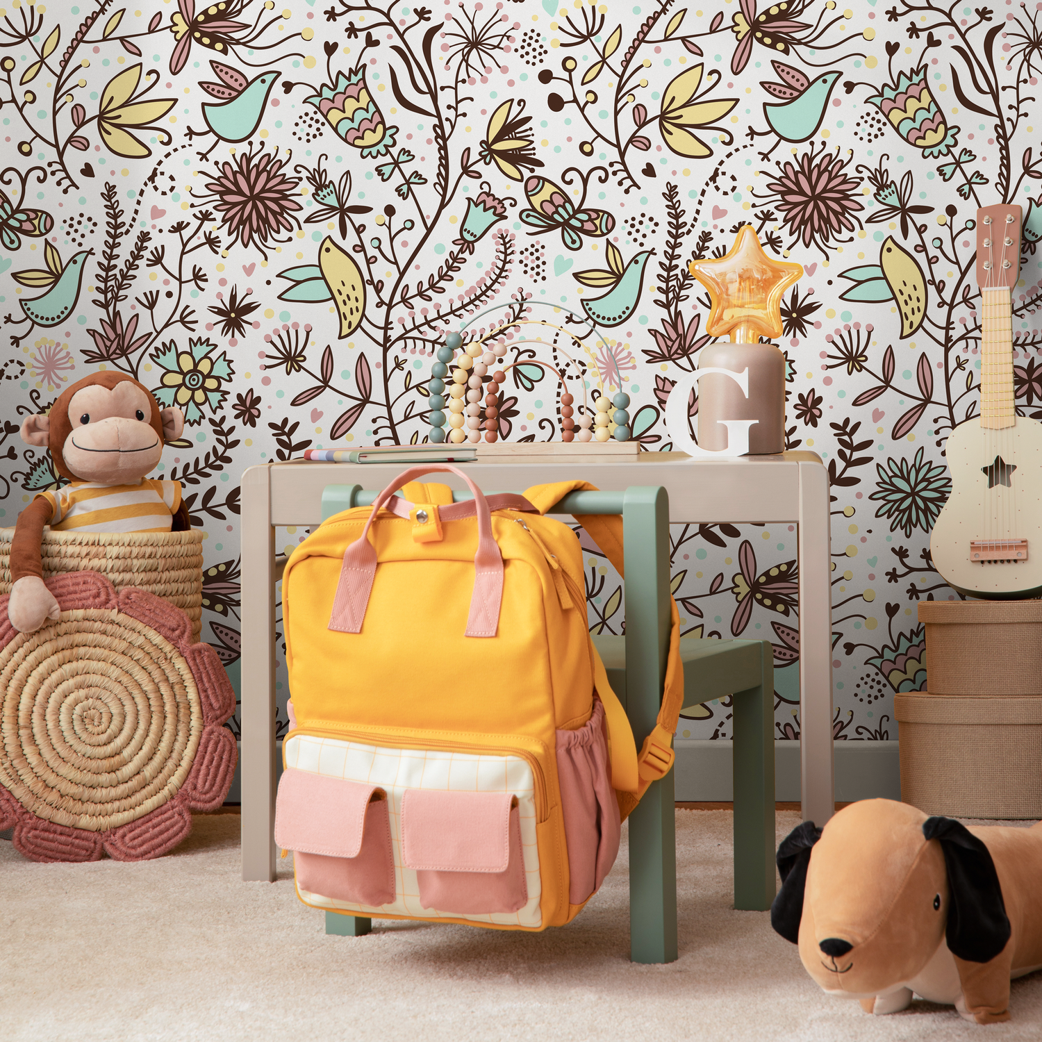 Folk Art Wallpaper with Whimsical Birds and Flowers in Brown, Pink, and Blue - B505