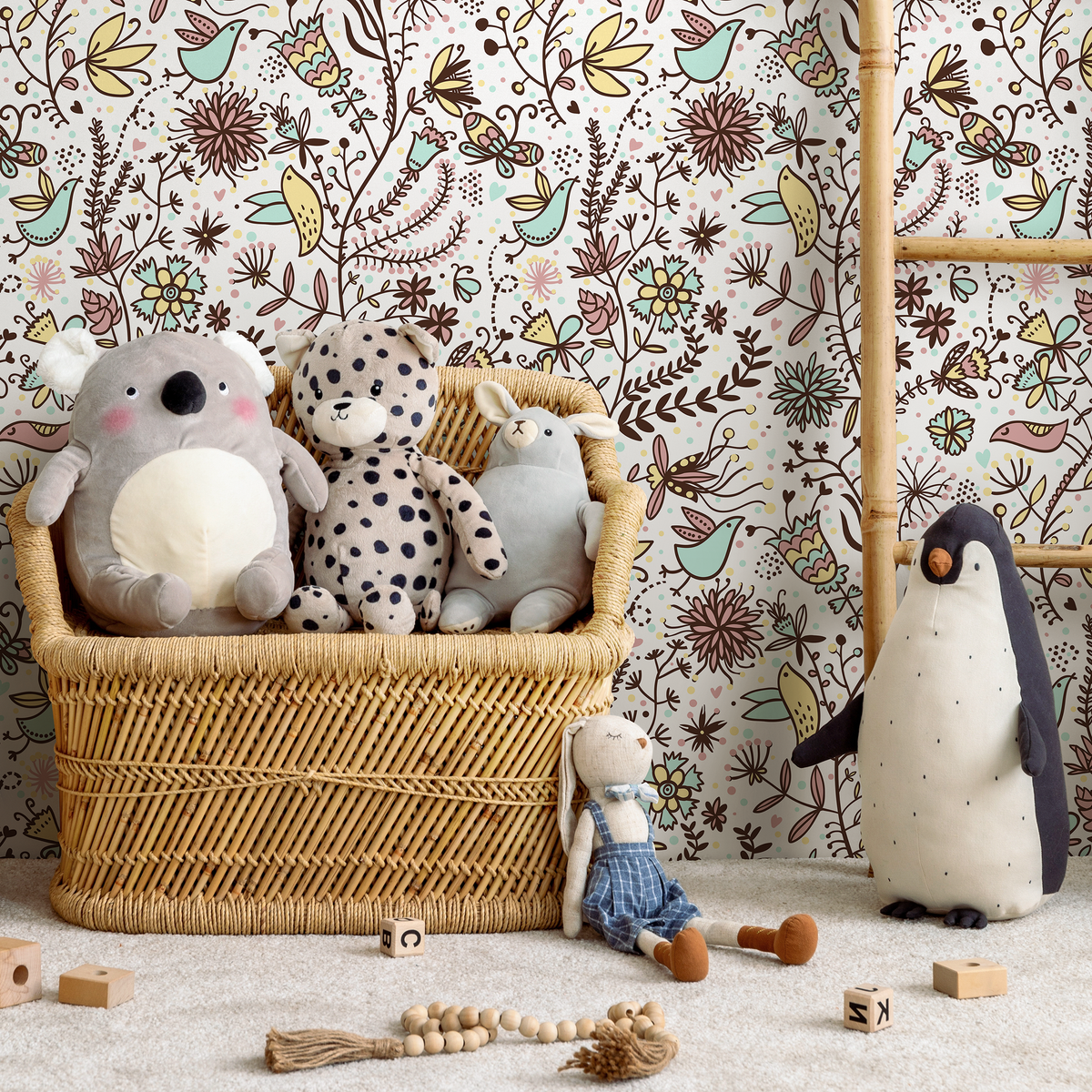 Folk Art Wallpaper with Whimsical Birds and Flowers in Brown, Pink, and Mint - detail view
