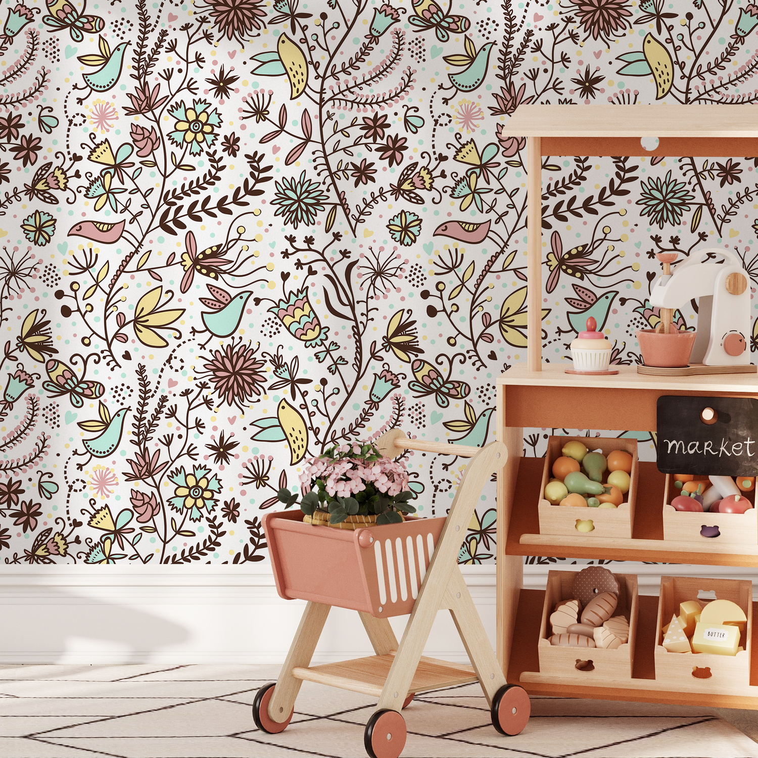 Folk Art Wallpaper with Whimsical Birds and Flowers in Brown, Pink, and Blue - B505