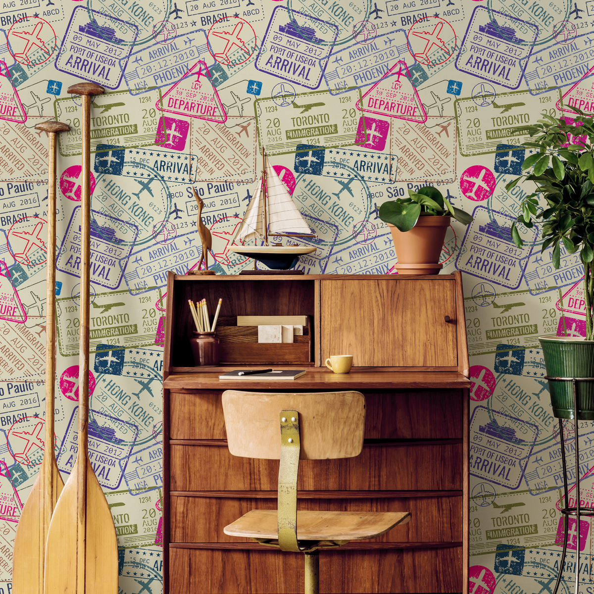 Travel Wallpaper with a Collage of Passport Stamps in Magenta, Blue, and Green - detail view