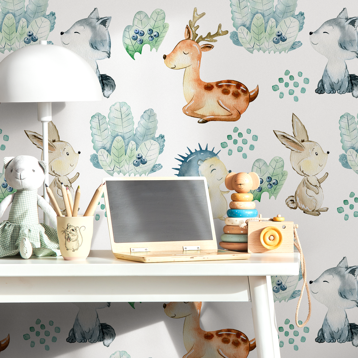 Woodland Wallpaper with Watercolor Forest Animals in Brown, Blue, and Green - detail view