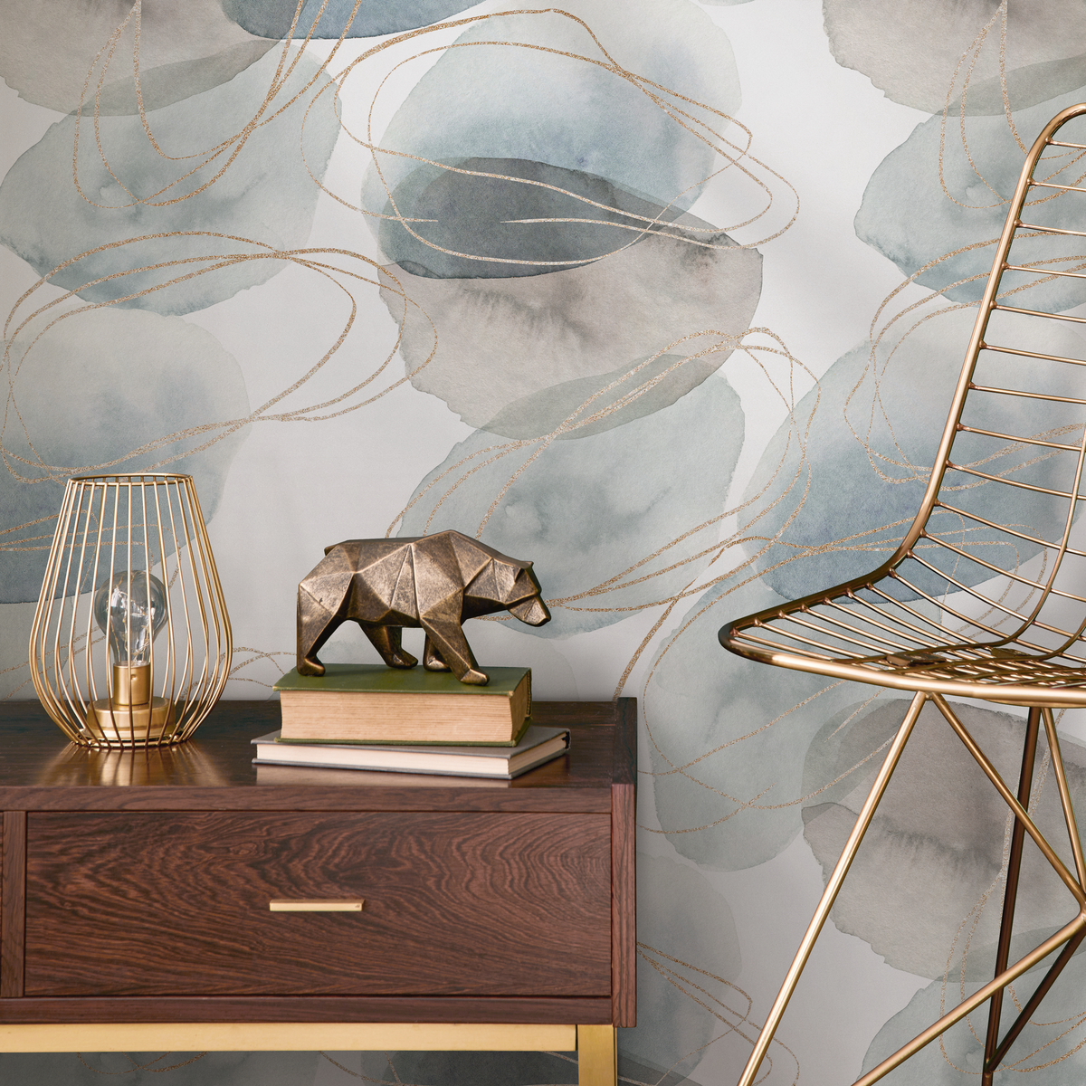 Abstract Wallpaper with Watercolor Orbs and Gold Lines in Blue and Taupe - detail view