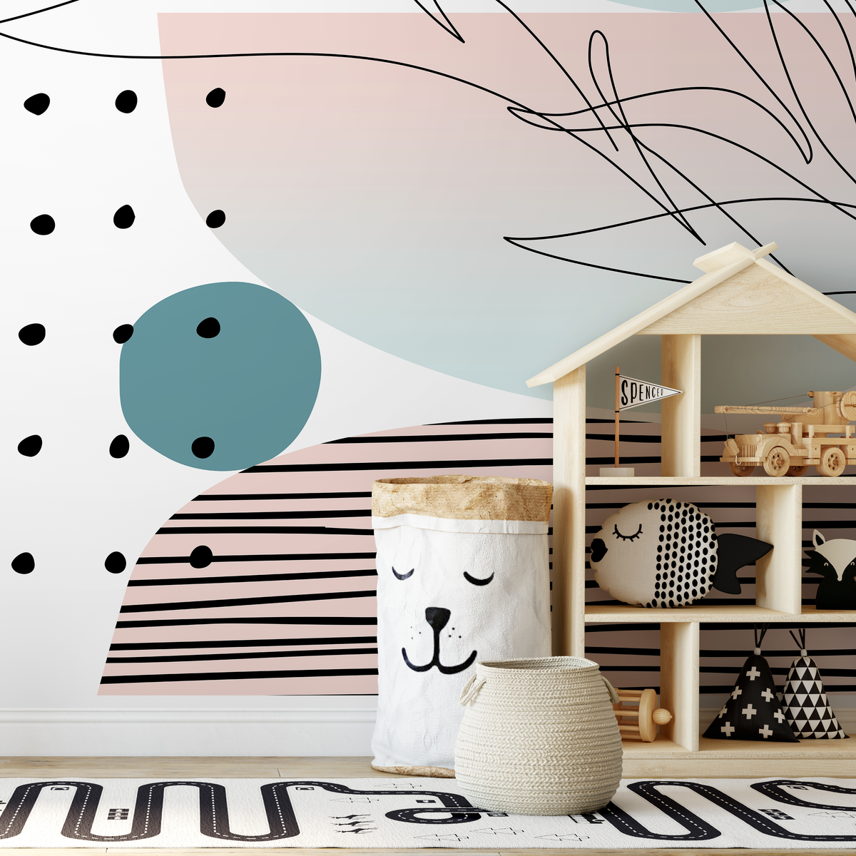 Abstract Wallpaper with a Line Art in Pink, Teal, and Black - detail view