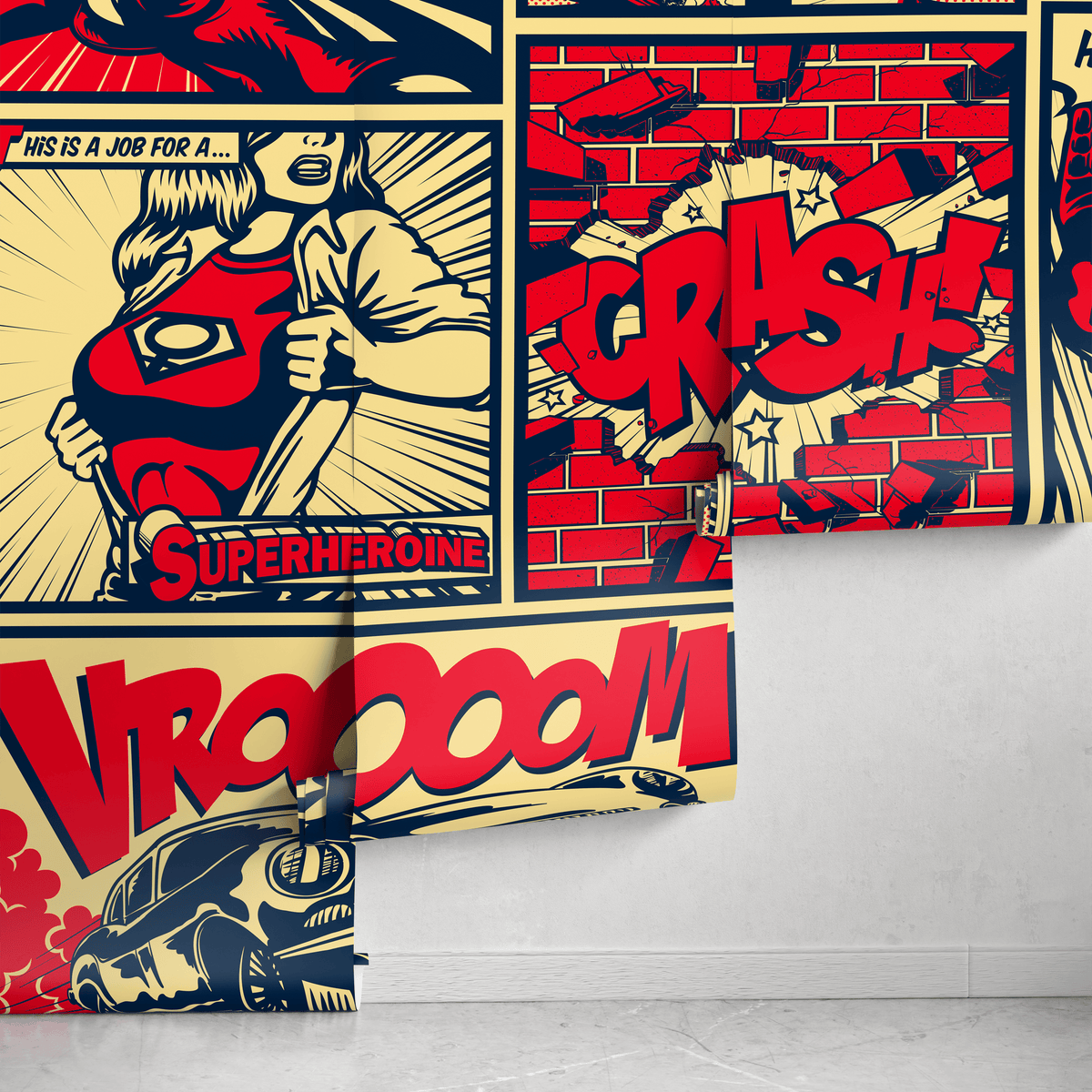 Pop Art Wallpaper with a Superhero Comic Mural in Red, Blue, and Beige - detail view
