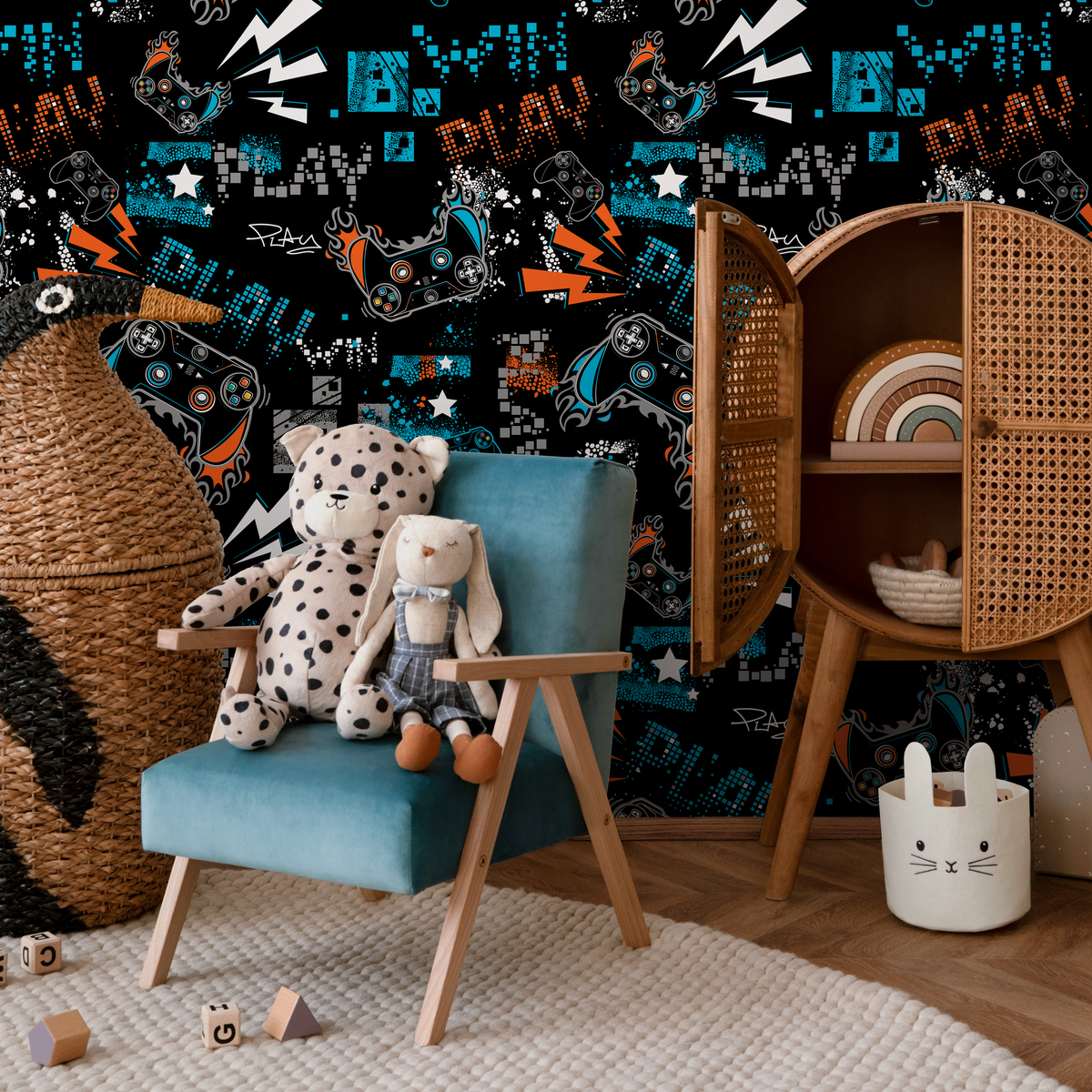 Video Game Wallpaper with a Graffiti Controller Motif in Blue and Orange - detail view