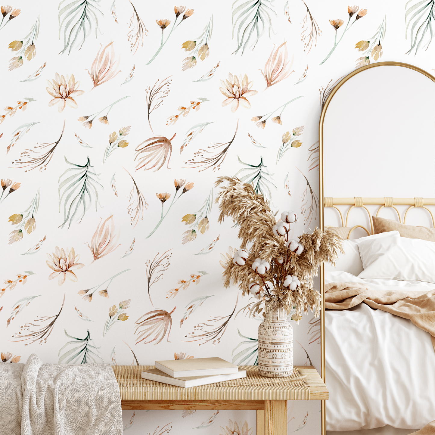 Wallpaper Removable Wallpaper Peel and Stick Wallpaper Wall Paper Wall Mural - Watercolor Flowers - Watercolor Leaves - B519