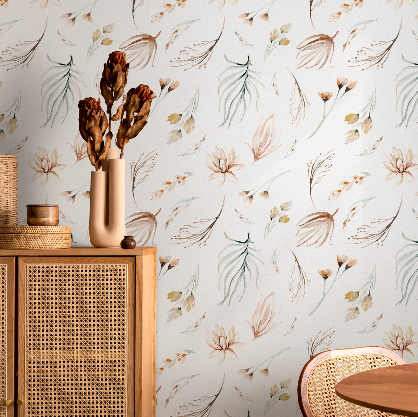 Wallpaper Removable Wallpaper Peel and Stick Wallpaper Wall Paper Wall Mural - Watercolor Flowers - Watercolor Leaves - B519