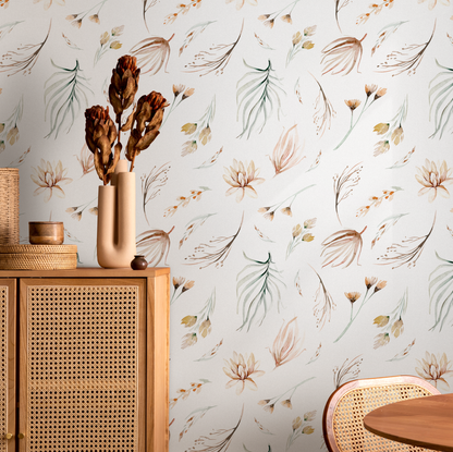 Wallpaper Removable Wallpaper Peel and Stick Wallpaper Wall Paper Wall Mural - Watercolor Flowers - Watercolor Leaves - B519