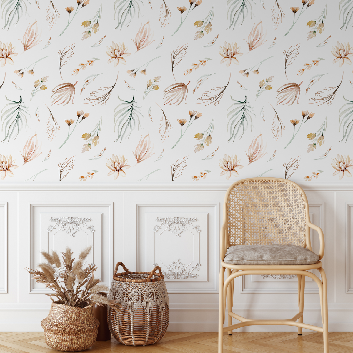 Botanical Wallpaper with a Delicate Watercolor Motif in Brown, Green, and White - detail view