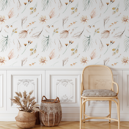 Wallpaper Removable Wallpaper Peel and Stick Wallpaper Wall Paper Wall Mural - Watercolor Flowers - Watercolor Leaves - B519