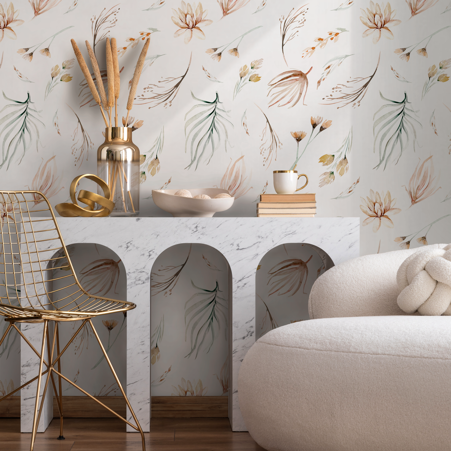 Papel pintado autoadhesivo, papel pintado extraíble, papel pintado autoadhesivo, papel tapiz, mural de pared - Flores de acuarela - Hojas de acuarela - B519