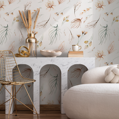 Wallpaper Removable Wallpaper Peel and Stick Wallpaper Wall Paper Wall Mural - Watercolor Flowers - Watercolor Leaves - B519