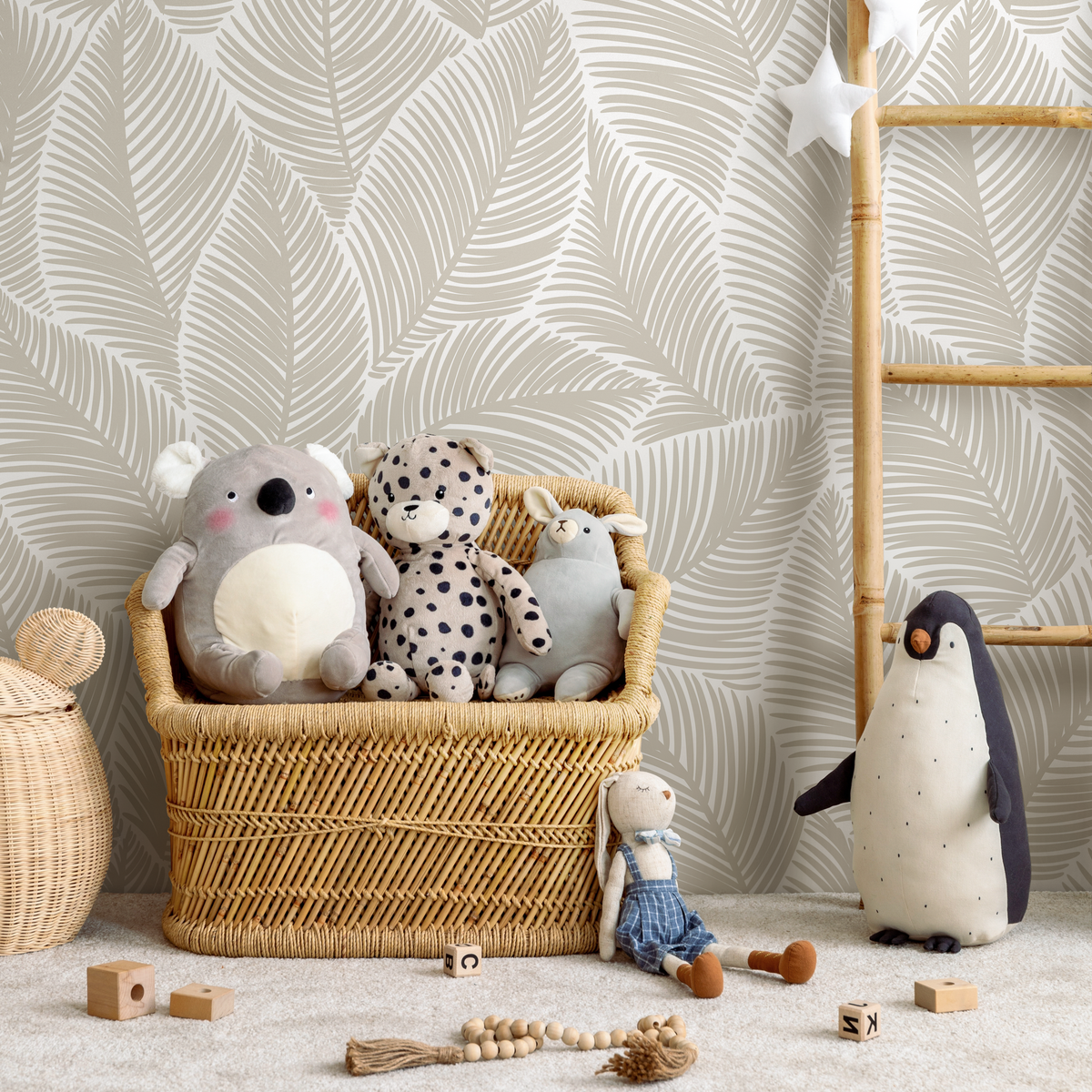 Botanical Wallpaper with a Minimalist Palm Leaf Motif in Taupe - detail view