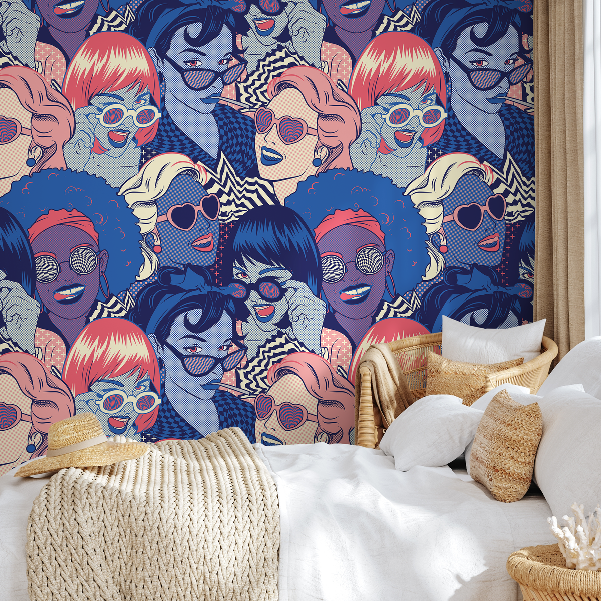 Pop Art Wallpaper Featuring Graphic Female Portraits in Blue, Pink, and Red - detail view