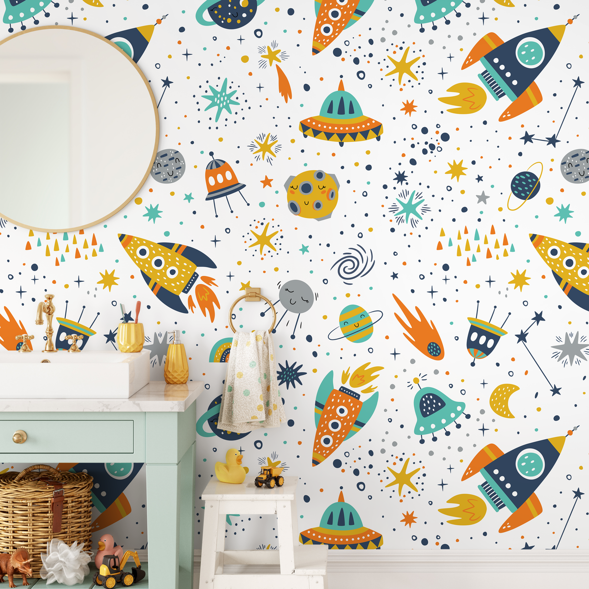 Kids Wallpaper with a Scandinavian Space Motif in Yellow, Orange, and Blue - detail view
