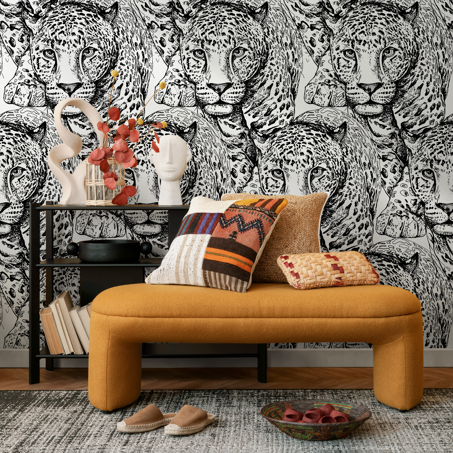 Papel pintado autoadhesivo, papel pintado extraíble, decoración del hogar, arte de pared, decoración de habitaciones / Papel pintado de jaguar en blanco y negro - B525