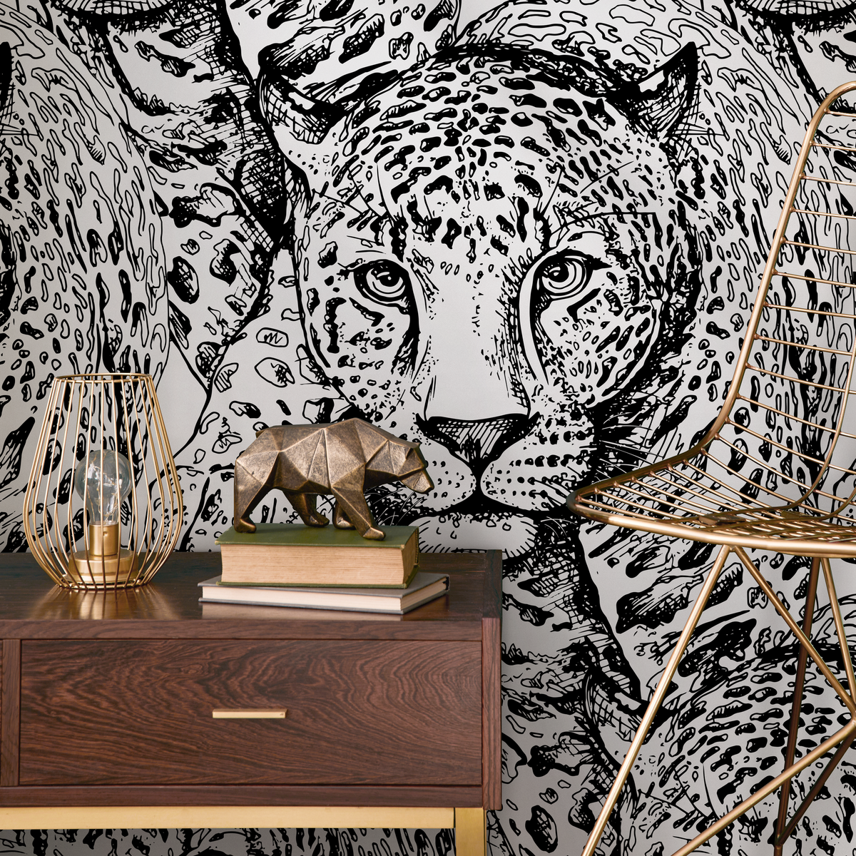 Animal Wallpaper Featuring Illustrated Jaguars in Black and White - detail view