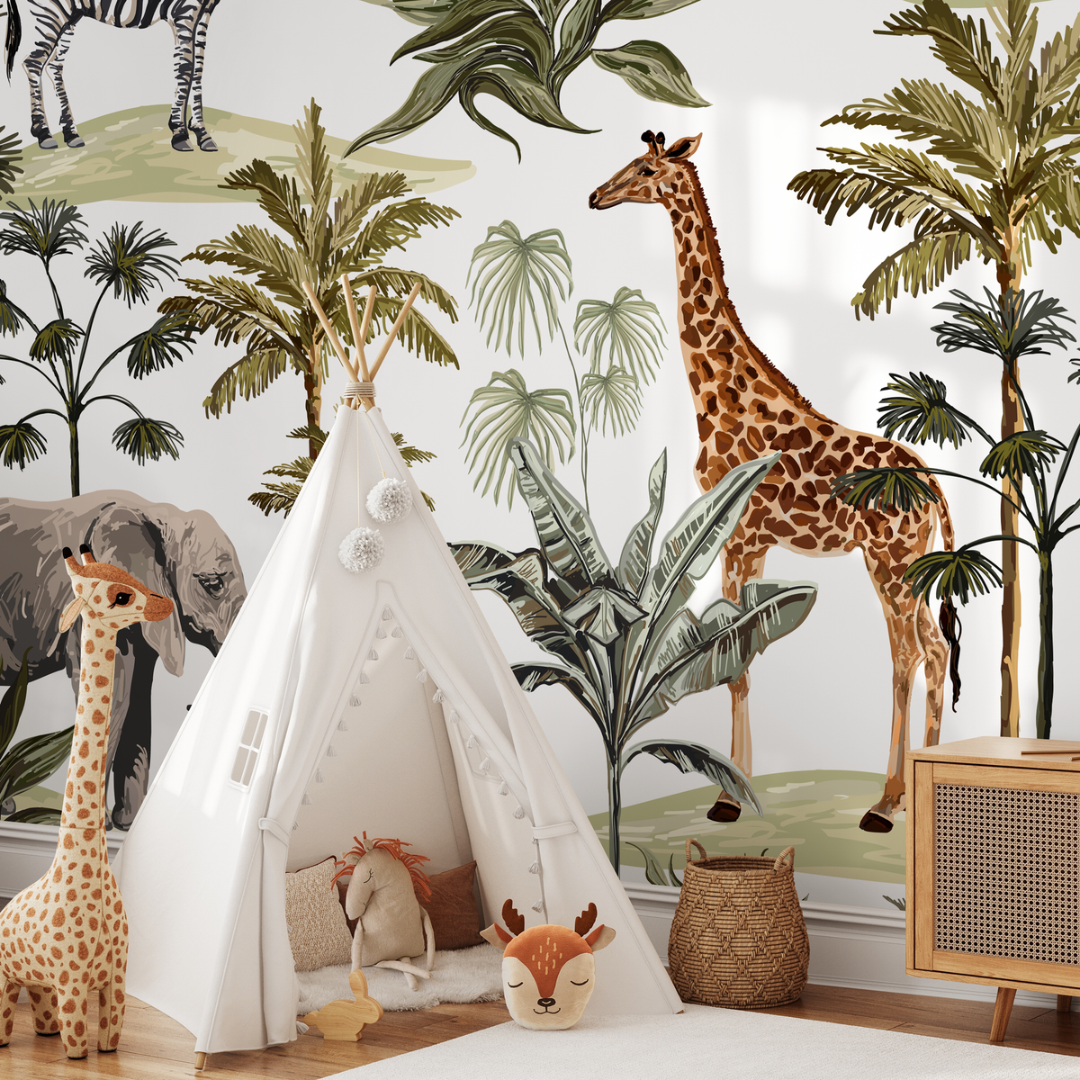 Safari Wallpaper with Illustrated Jungle Animals in Green, Beige, and Black - detail view